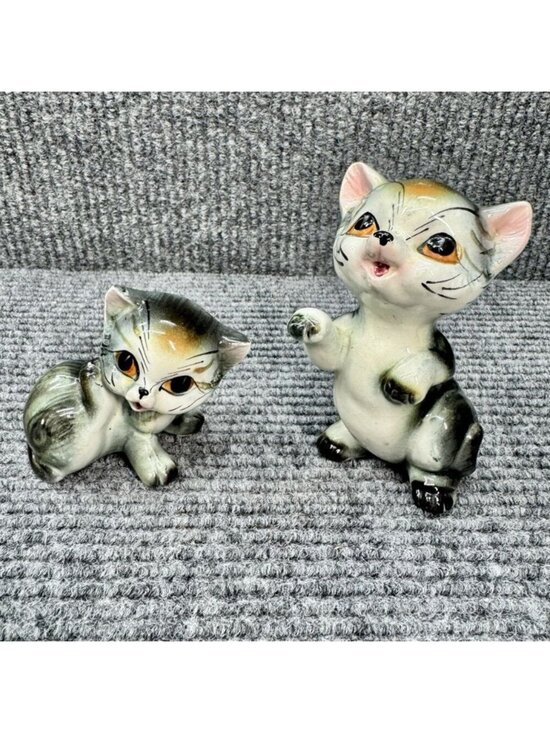 Unknown Other - Vintage Cat Kitten Figurine Pair Japan Ceramic Gray Tabby Scratching Face Glazed